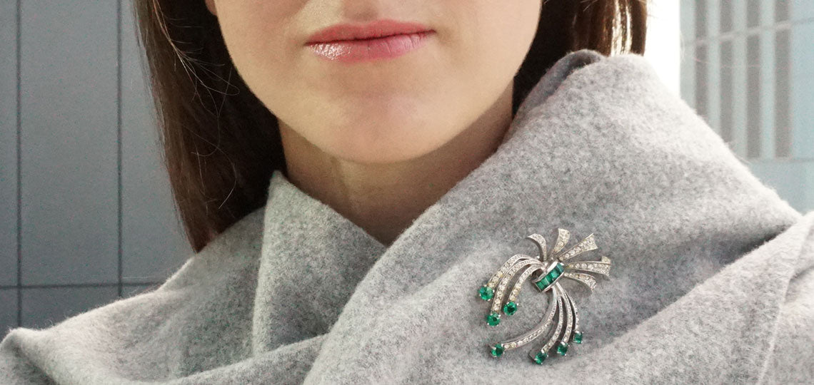 1940s Dewees emerald and diamante dress clip