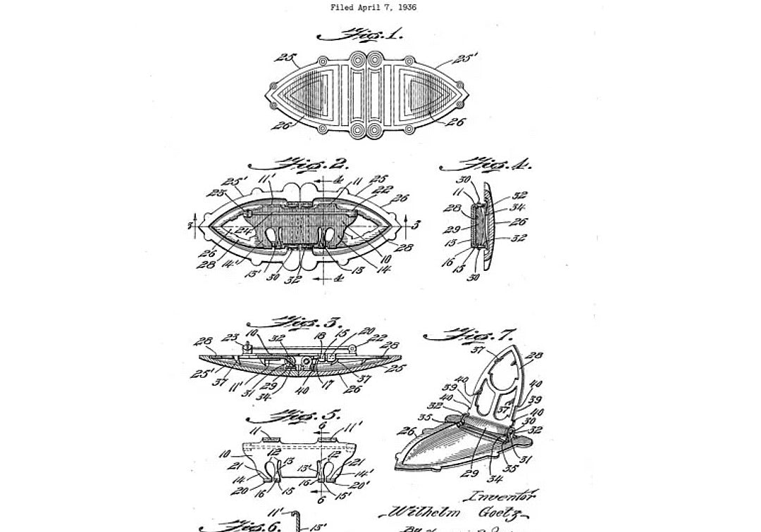 W. Goetz double clip brooch design patent drawing June 23, 1936