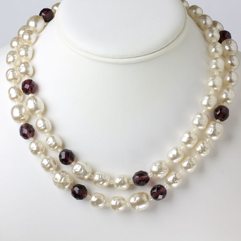 Miriam Haskell pearl necklace with amethysts, doubled
