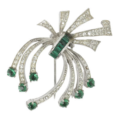 Vintage lapel pin w/faux emeralds & diamantés in sterling