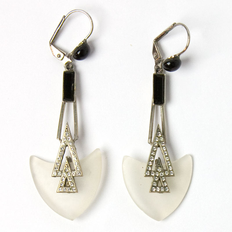 Front view of camphor glass Art Deco style earrings