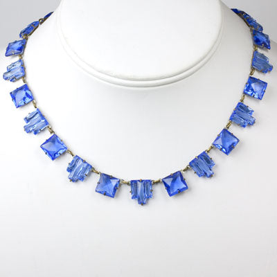 Faux sapphire necklace with square & step-pattern stones