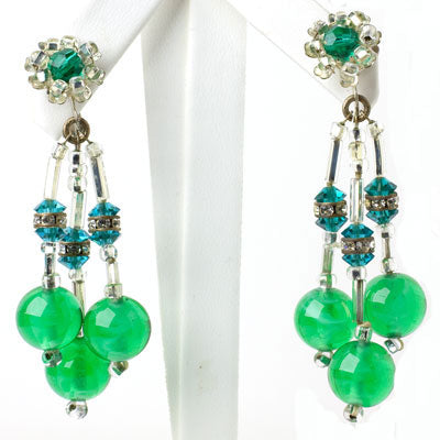 Miriam Haskell earrings with green-glass beads & rondelles
