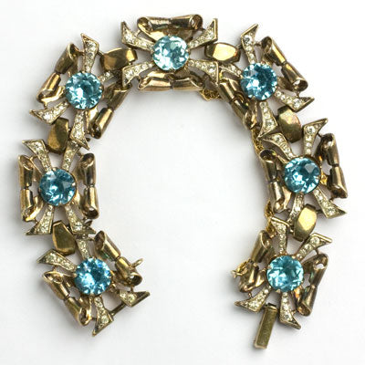 1940s Coro bracelet with aquamarine & diamante in gold