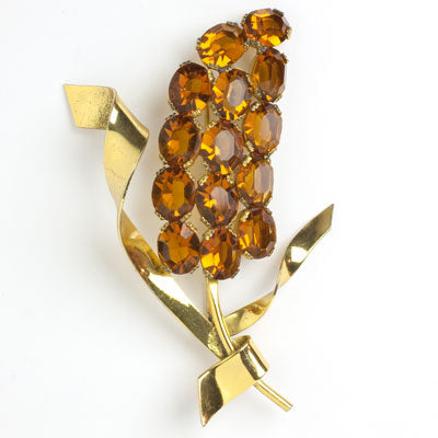 Flower brooch pin w/golden topaz & vermeil sterling