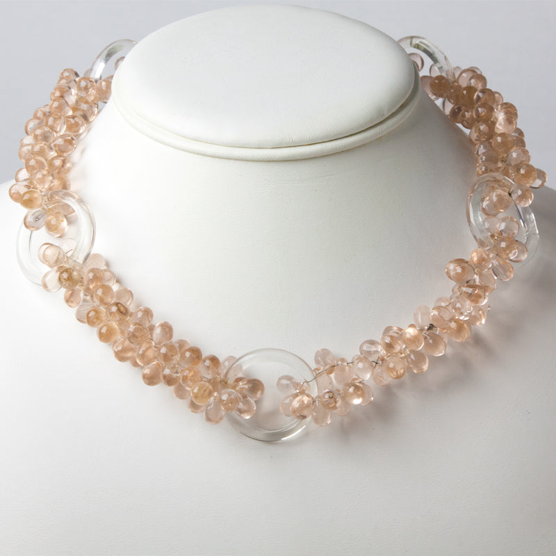 Vintage glass bead necklace with pink beads & glass rings