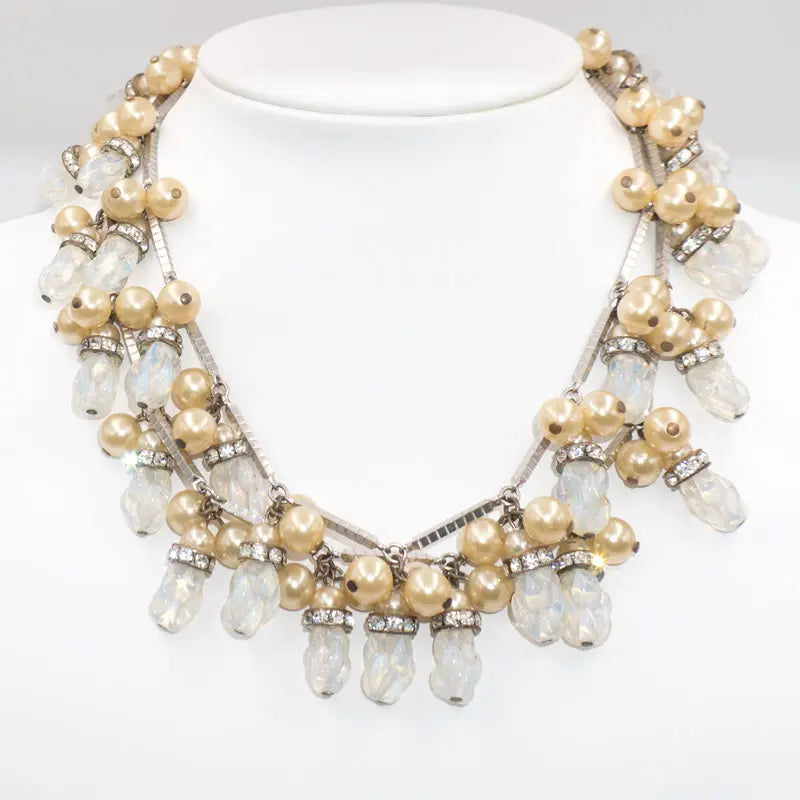 Pearl dangle necklace w/opalescent beads & rondelles