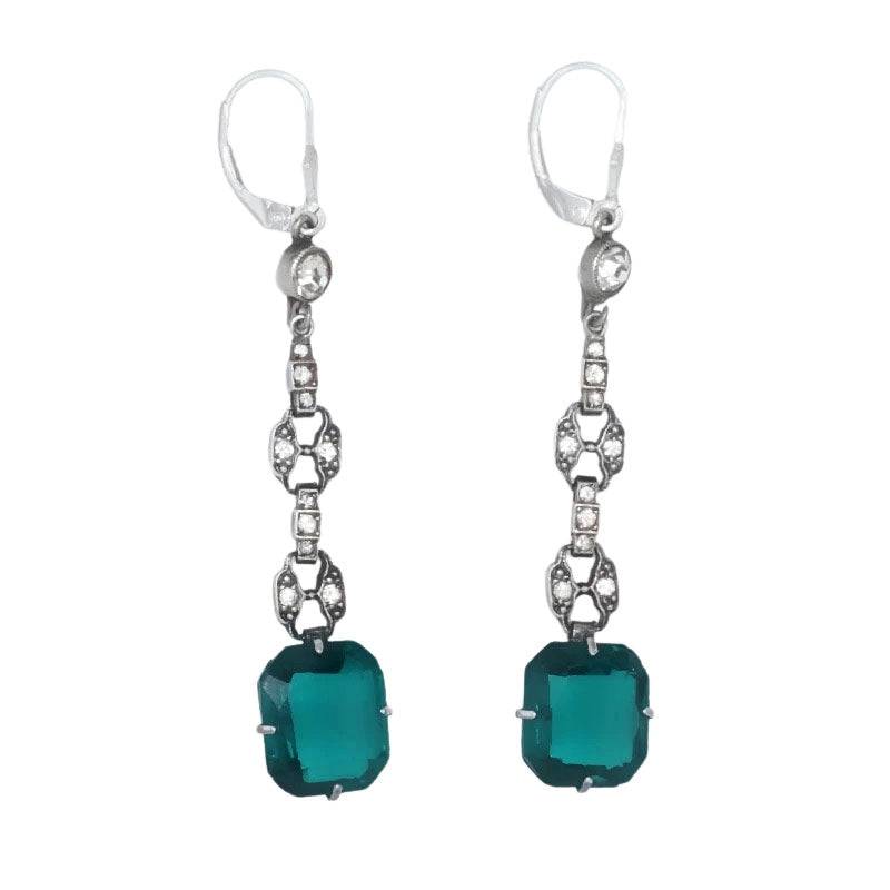 Art Deco faux emerald earrings w/diamantes