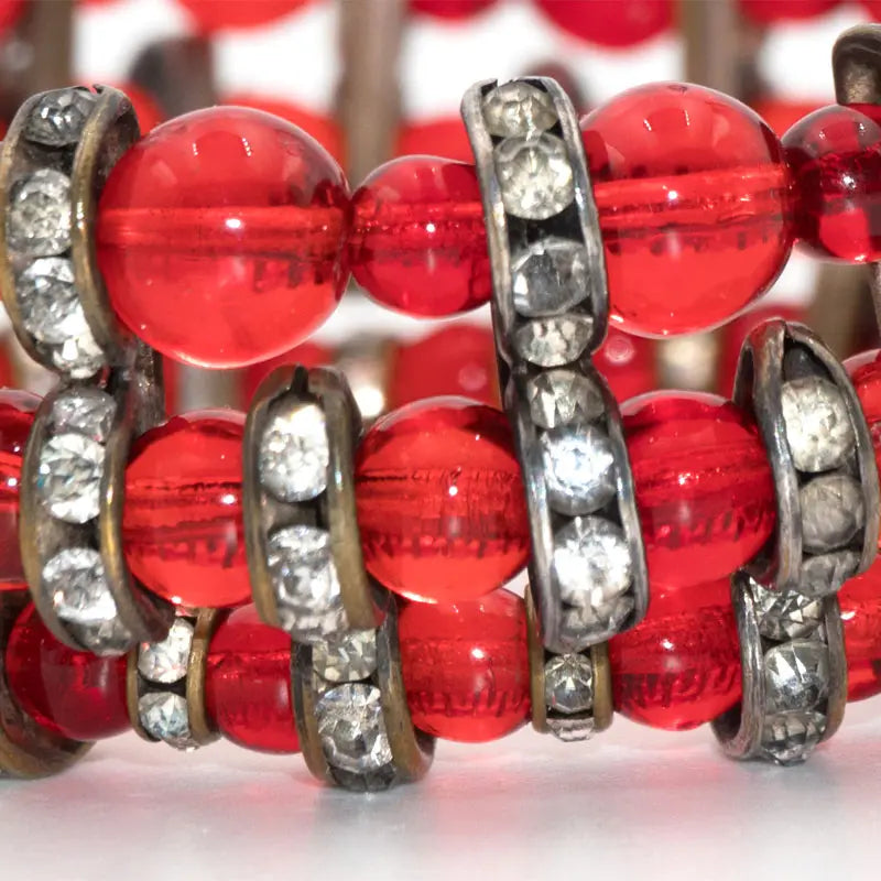 Close-up view of ruby bead bracelet