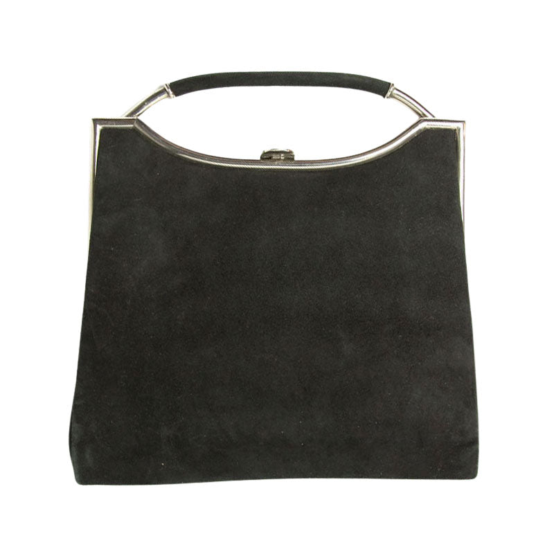 Black suede handbag with chrome trim