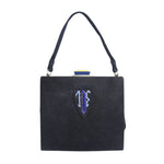 Art Deco handbag in navy suede with enamel