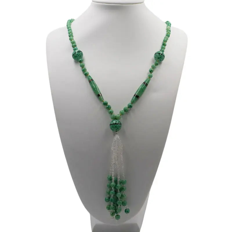 Sautoir necklace with green & black glass beads