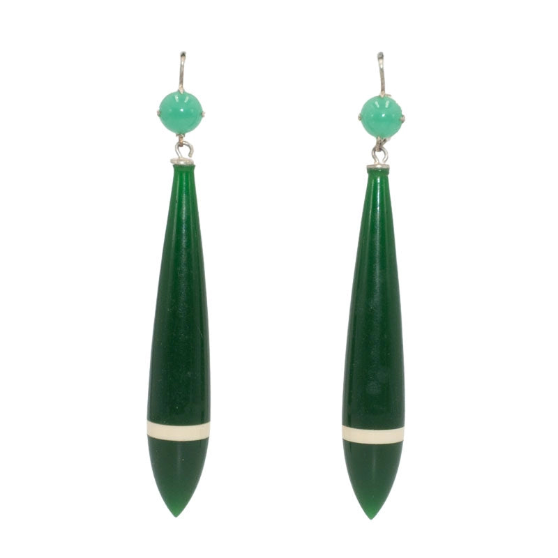 Green dangling earrings w/cream stripe