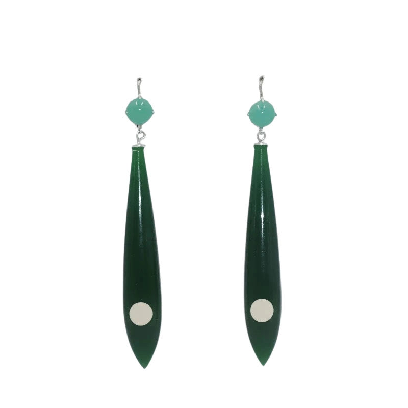 Green long earrings with cream-colored dots