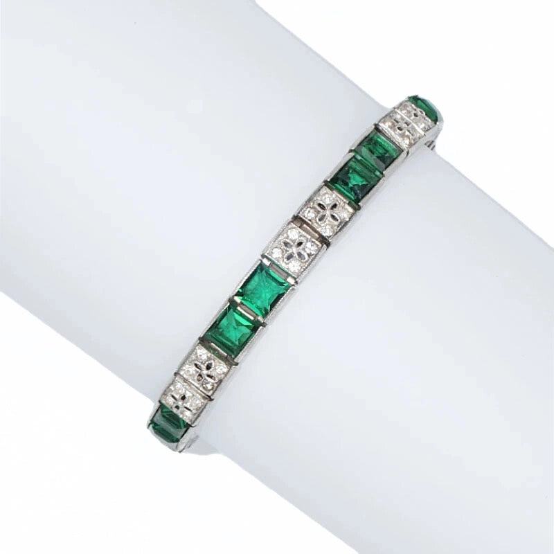 Vintage tennis bracelet w/faux emeralds & diamantes