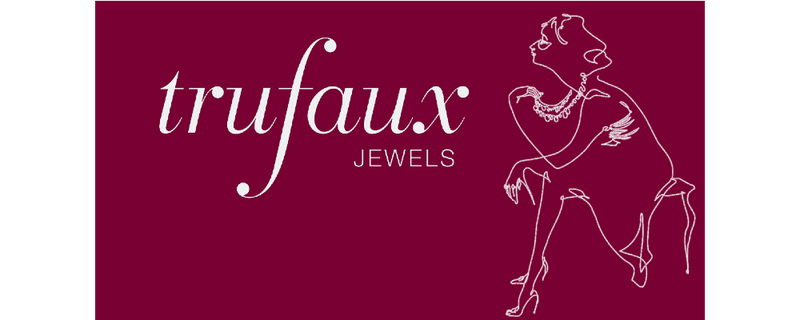 Trufaux Jewels logo with line drawing of seated lady holding beads