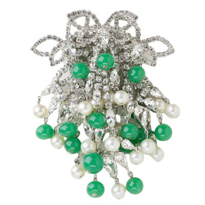 Dangle brooch with jade-glass beads, faux pearls & diamanté