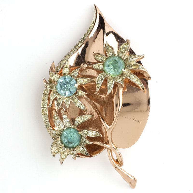 Coro leaf pin with aquamarine & diamante flowers