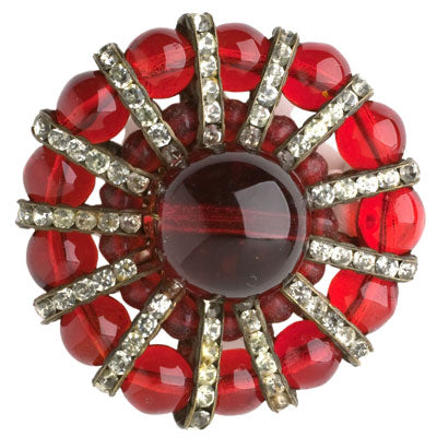 Pinwheel brooch of ruby-glass beads & diamantes