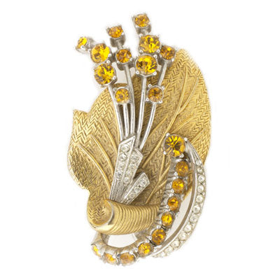Citrine pin with diamanté on gold-tone textured leaf