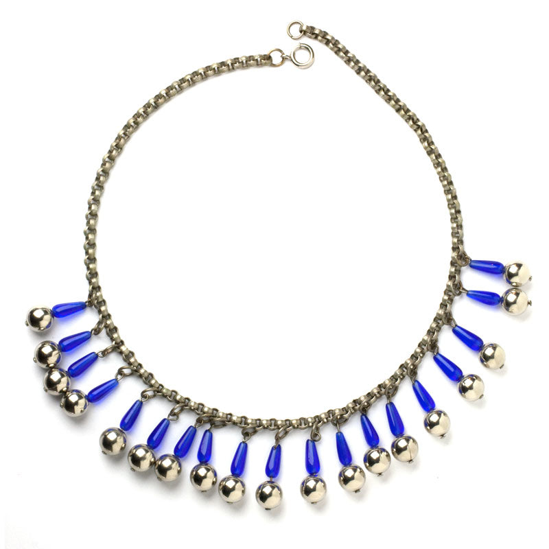 Full view of chrome & blue glass fringe necklace