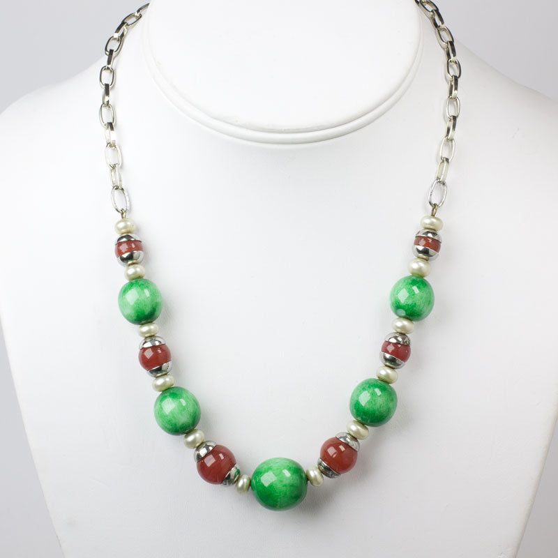 1930s French Necklace  Carnelian, Jade & Pearl Glass Beads