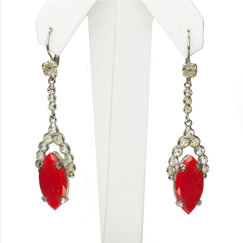 Red glass drop earrings with diamantés