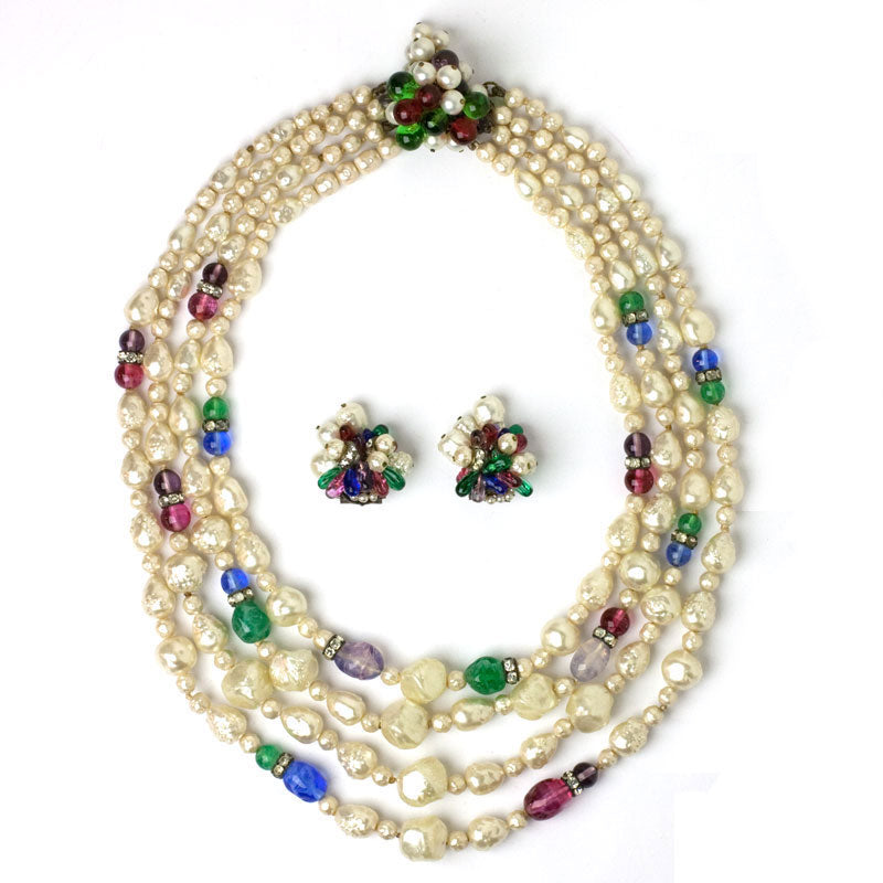 Vintage Pearl Necklace  4 Strands w/Gems, Signed by Louis Rousselet