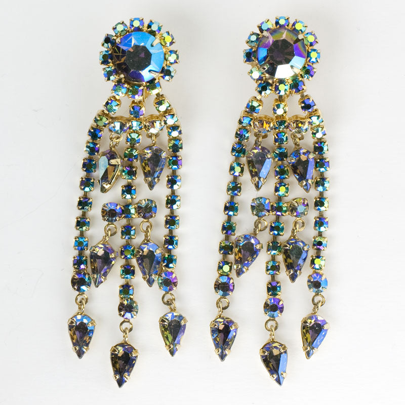 1950s chandelier earrings w/iridescent blue stones