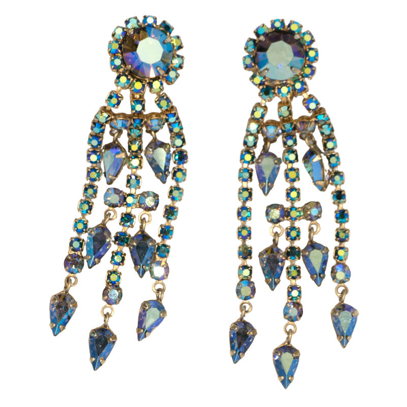 1950s chandelier earrings w/iridescent blue stones