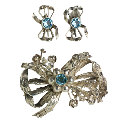 Bow brooch & earrings w/aquamarine