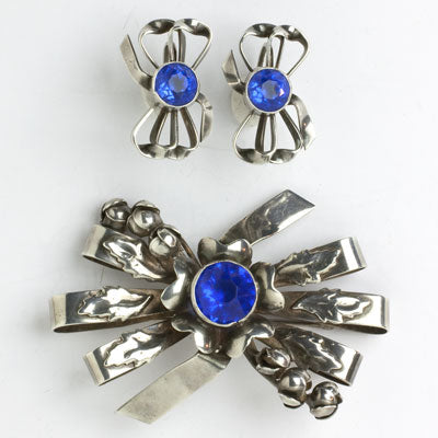 Sapphire costume jewelry set of sterling brooch & earrings