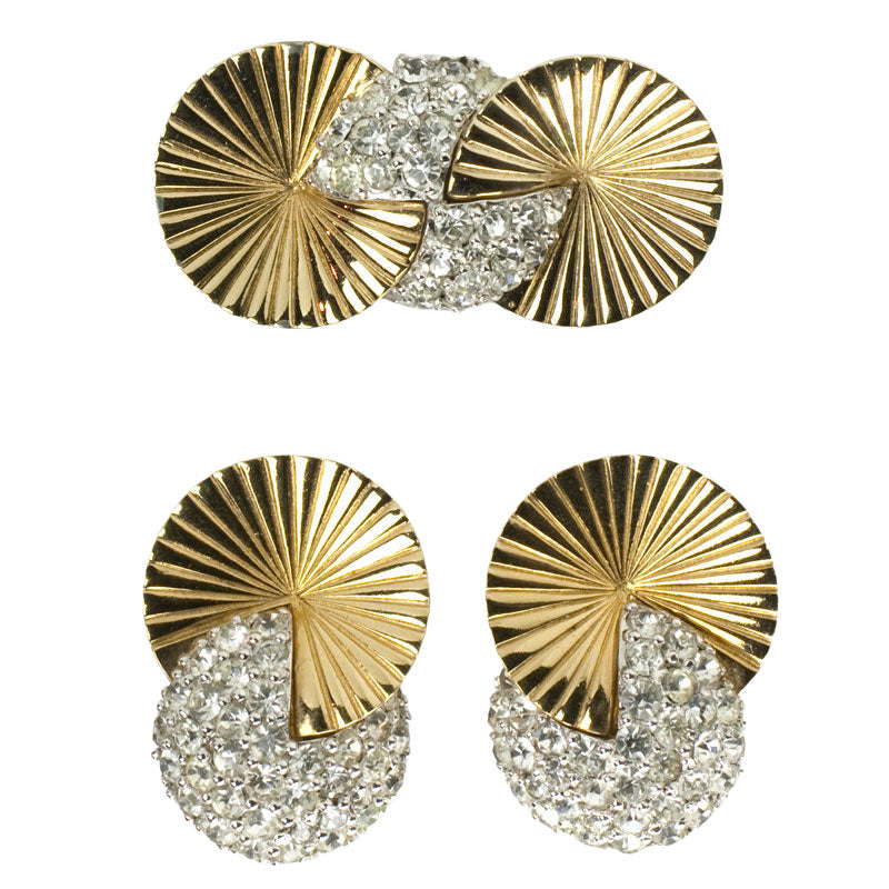 Gold disk earrings and brooch w/pavé by Pennino Bros.