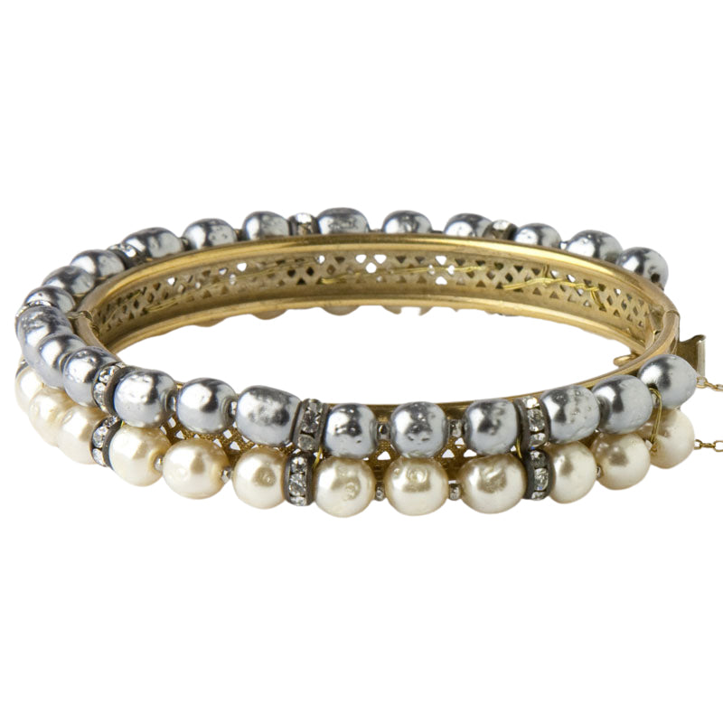 Front view of grey & cream pearl bangle bracelet