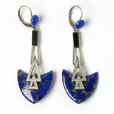 Front of lapis & diamante pendant earrings