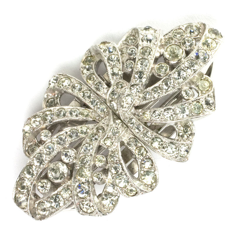 Trifari costume jewelry – double-clip brooch with diamanté ribbons