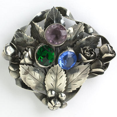 Hobé sterling pin w/amethyst, emerald & sapphire