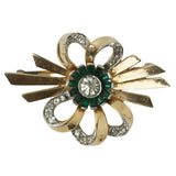 Gold plated brooch w/emerald & diamanté flower