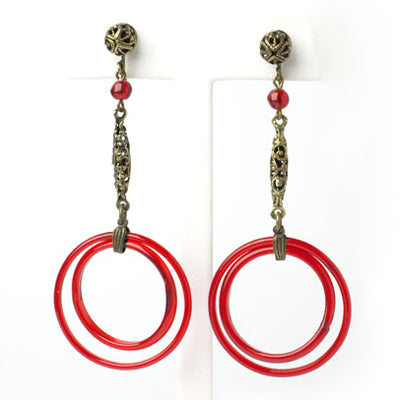 Czech earrings with red-glass double hoops