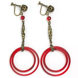Red glass & brass filigree 1920s Czech earrings