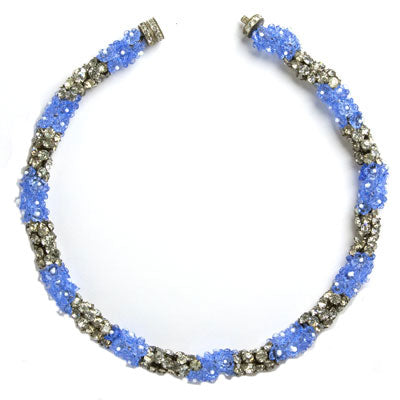 French choker with blue glass flower beads & diamantes