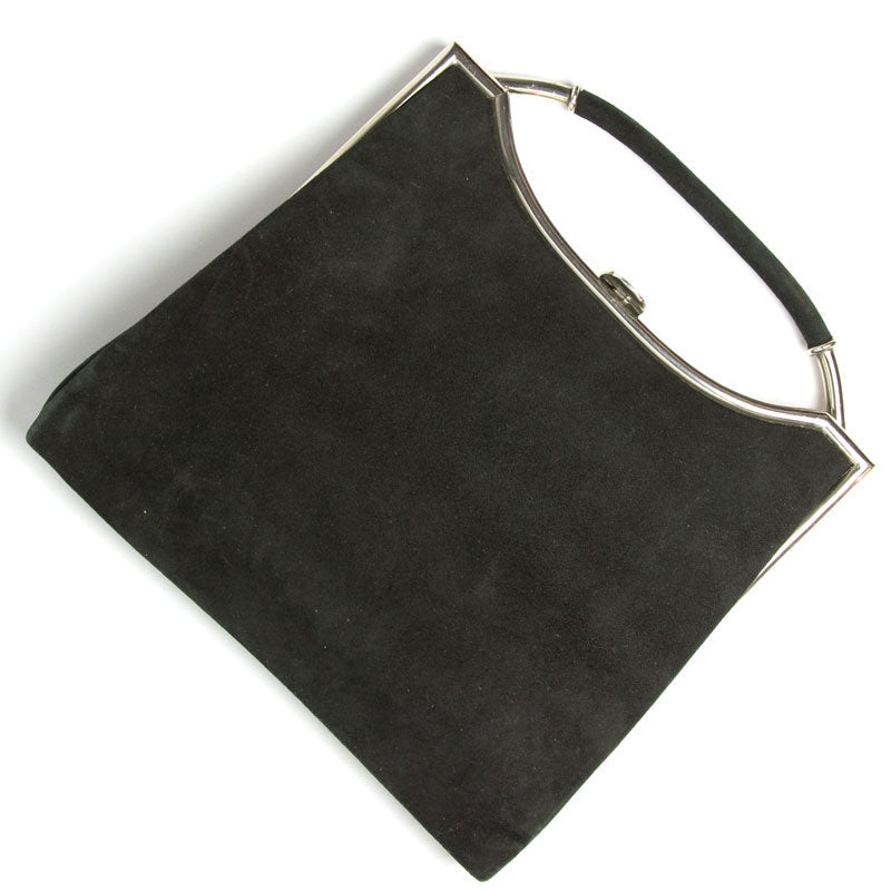 Black suede handbag with chrome trim