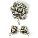 Black Enamel & Diamanté 'Rose of Seville' Brooch & Earrings
