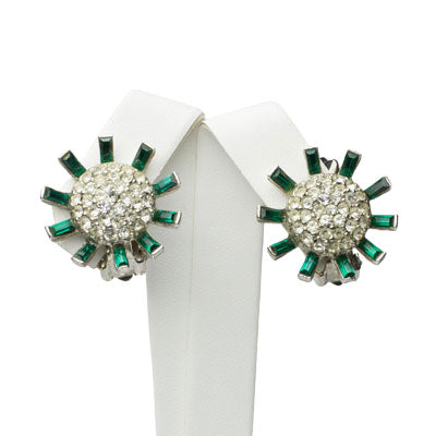 Sunburst earrings in emerald glass & diamantes