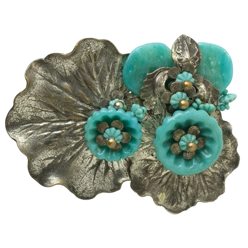 Turquoise brooch with flowers & silver nasturtium leaves