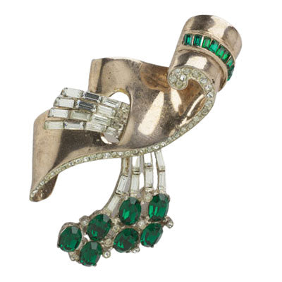 Coro bouquet brooch w/emeralds & diamantés in vermeil sterling