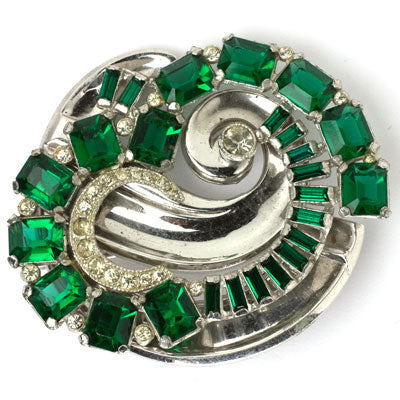 Emerald & diamante 1940s McClelland Barclay brooch