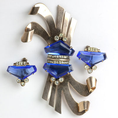 Sceptron brooch & earrings with faux sapphires & diamantes