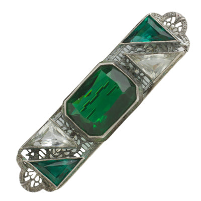 1920s brooch with emerald-glass & crystal stones in sterling filigree