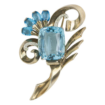 Aquamarine Brooch by Mazer | Gold Floral Retro Modern Jewel